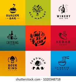 Collection of vector flat fresh food, fast food, coffee and alcohol logo set isolated on white background. Hand drawn dish elements. Good for restaurant, cafe, catering and bar insignia banner, symbol