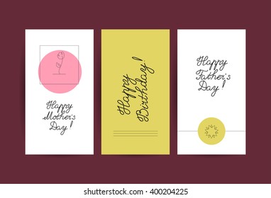 Collection of vector flat hand drawn holiday congratulation cards. Floral ornament, flower elements. Ink drawing. Best regards, love, mother's father's day, happy birthday. Invitation. Flyer, leaflet.
