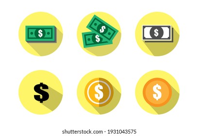 Collection Vector flat icon of dollar coin sign and banknote with long shadow on white background , US dollar is the main currency exchange in the world.