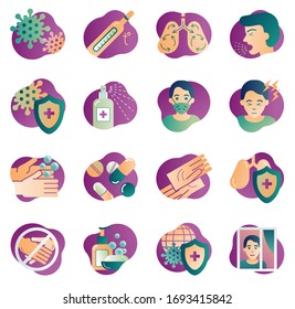 Collection of vector flat icons of medical subjects. Prevention and protection from coronavirus. Symptoms of the corona virus. Set of images for brochures, poster design, and infographics. Covid-19