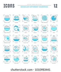 Collection of vector flat icons with thin line elements of dishes of different countries. Set of clean design, and outline signs. Simple linear infographics and pictograms pack for web graphics.