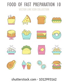 Collection vector flat icons with thin line elements. Set of modern, clean, outline signs, symbol and vector art of food of fast preparation. Simple linear infographic and pictogram series for web.