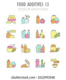 Collection vector flat icons with thin line elements. Set of modern, clean, outline signs, symbol and vector art of food additives. Simple linear infographic and pictogram series for web.