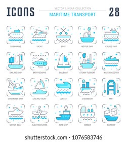 Collection of vector flat icons with thin line elements of maritime transport. Set of clean design, and outline signs. Simple linear infographics and pictograms pack for web graphics and apps.