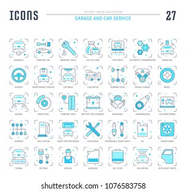 Collection of vector flat icons with thin line elements of garage and car service. Set of clean design, and outline signs. Simple linear infographics and pictograms pack for web graphics and apps.