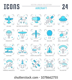 Collection of vector flat icons with thin line elements of aircraft. Set of clean design, and outline signs. Simple linear infographics and pictograms pack for web graphics and apps.