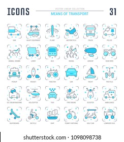 Collection of vector flat icons with thin line elements of means of transport. Set of clean design, and outline signs. Simple linear infographics and pictograms pack for web graphics and apps.