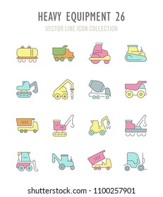 Collection vector flat icons with thin line elements. Set of modern, clean, outline signs, symbol and vector art of heavy equipment. Simple linear infographic and pictogram series for web.