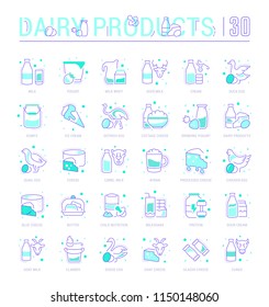 Collection of vector flat icons with thin line elements of dairy products. Set of clean design, and outline signs. Simple linear infographics and pictograms pack for web graphics and apps.
