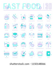 Collection of vector flat icons with thin line elements of fast food. Set of clean design, and outline signs. Simple linear infographics and pictograms pack for web graphics and apps.