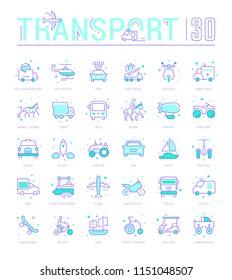 Collection of vector flat icons with thin line elements of means of transport. Set of clean design, and outline signs. Simple linear infographics and pictograms pack for web graphics and apps.