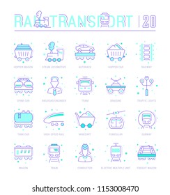 Collection of vector flat icons with thin line elements of rail transport. Set of clean design, and outline signs. Simple linear infographics and pictograms pack for web graphics and apps.