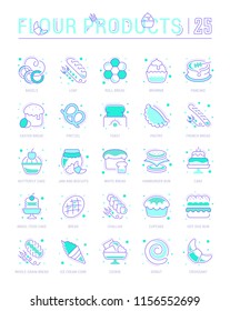 Collection of vector flat icons with thin line elements of flour products. Set of clean design, and outline signs. Simple linear infographics and pictograms pack for web graphics and apps.