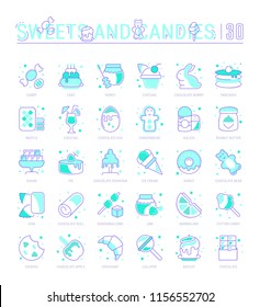 Collection of vector flat icons with thin line elements of sweets and chocolate. Set of clean design, and outline signs. Simple linear infographics and pictograms pack for web graphics and apps.