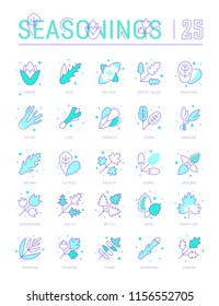 Collection of vector flat icons with thin line elements of spices and seasonings. Set of clean design, and outline signs. Simple linear infographics and pictograms pack for web graphics and apps.