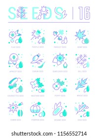 Collection of vector flat icons with thin line elements of seeds. Set of clean design, and outline signs. Simple linear infographics and pictograms pack for web graphics and apps.