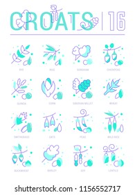 Collection of vector flat icons with thin line elements of groats. Set of clean design, and outline signs. Simple linear infographics and pictograms pack for web graphics and apps.