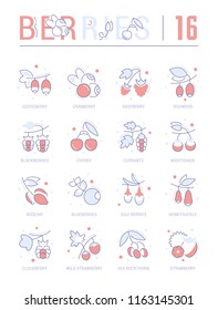 Collection of vector flat icons with thin line elements of berries. Set of clean design, and outline signs. Simple linear infographics and pictograms pack for web graphics and apps.