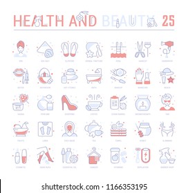 Collection of vector flat icons with thin line elements of health and beauty. Set of clean design, and outline signs. Simple linear infographics and pictograms pack for web graphics and apps.