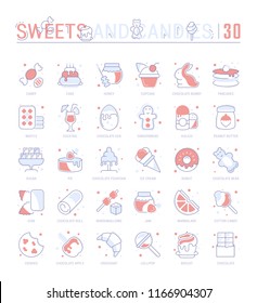 Collection of vector flat icons with thin line elements of sweets and chocolate. Set of clean design, and outline signs. Simple linear infographics and pictograms pack for web graphics and apps.