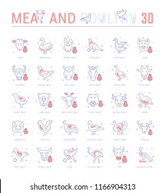 Collection of vector flat icons with thin line elements of meat and poultry. Set of clean design, and outline signs. Simple linear infographics and pictograms pack for web graphics and apps.