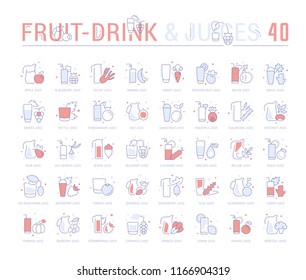 Collection of vector flat icons with thin line elements of fruit and vegetable juices. Set of clean design, and outline signs. Simple linear infographics and pictograms pack for web graphics and apps.