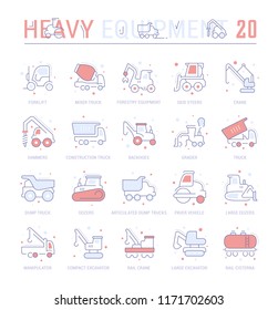 Collection of vector flat icons with thin line elements of heavy equipment. Set of clean design, and outline signs. Simple linear infographics and pictograms pack for web graphics and apps.