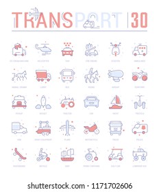 Collection of vector flat icons with thin line elements of means of transport. Set of clean design, and outline signs. Simple linear infographics and pictograms pack for web graphics and apps.