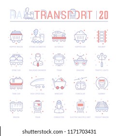 Collection of vector flat icons with thin line elements of rail transport. Set of clean design, and outline signs. Simple linear infographics and pictograms pack for web graphics and apps.