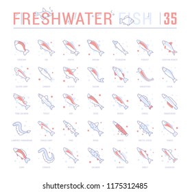 Collection of vector flat icons with thin line elements of freshwater fish. Set of clean design, and outline signs. Simple linear infographics and pictograms pack for web graphics and apps.