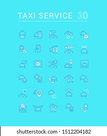 Collection of vector flat icons with thin line elements of taxi service. Set of clean design and outline signs. Simple linear infographics and pictograms pack for web graphics and apps.