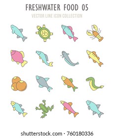 Collection vector flat icons with thin line elements. Set of modern, clean, outline signs, symbol and vector art of freshwater food. Simple linear infographic and pictogram series for web.