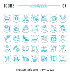 Collection of vector flat icons with thin line elements of health and beauty. Set of clean design, and outline signs. Simple linear infographics and pictograms pack for web graphics and apps.