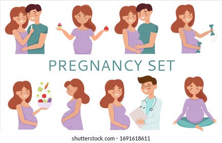 Collection of vector flat illustrations of a pregnant woman: examination by a doctor, healthy eating, yoga, sports and hugs with her husband.