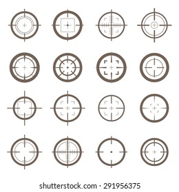 Collection of vector flat simple targets isolated on white background. Different crosshair icons. Aims templates. Shooting marks and cross hairs design.