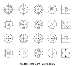 Collection of vector flat simple targets isolated on white background. Different crosshair icons. Aims templates. Shooting marks and cross hairs design