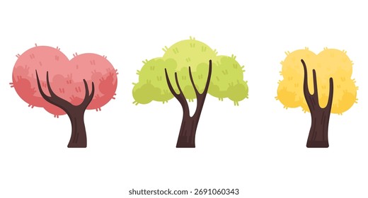 
Colección de Vector de árboles planos en estilo minimalista. Sakura, árbol de otoño y árbol de primavera verde. Diseños sencillos de naturaleza para proyectos ambientales, fondos, paisajes y conceptos ambientales