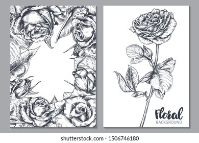 Collection of vector floral backgrounds for card or invitation with hand drawn rose flowers. Beautiful romantic backgrounds. Sketch summer botanical set.