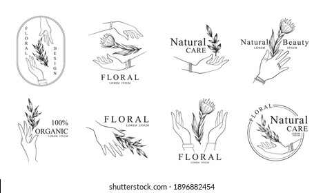 Sammlung von Vektorgrafik-Blütenlogos oder Emblemen-Vorlagen mit Händen, Ästen und Blumen einzeln auf weißem Hintergrund. Natürliches ökologisches Design-Konzept für Kosmetik, Schönheitsprodukte, Verpackungen