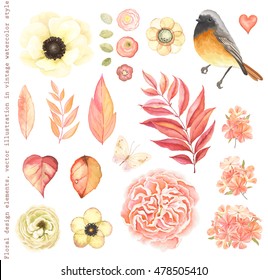 Collection vector flowers anemone, English rose, phlox, ranunculus, Redstart bird, butterfly, branches and  autumn leaves. Vector floral illustration in vintage style.