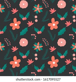 Collection vector flowers, berries and christmas leaves