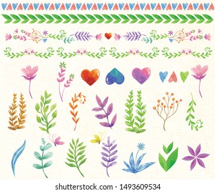 Collection vector flowers branches and leaves in vintage watercolor style.