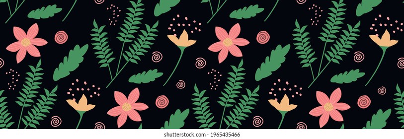 Collection of vector flowers, branches and leaves in a modern style. Simple illustrations of plants. Set of cartoon flora. Isolated prints on a black background. Floral seamless pattern.