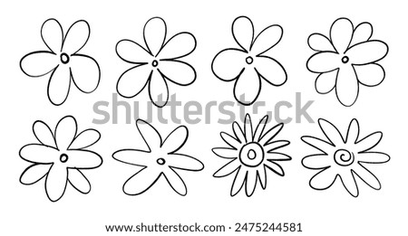 Collection of vector flowers hand drawn isolated on white background. Vector flowers in the style of doodle.