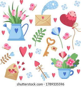 Collection of vector flowers, letter, key, balloon, arrow, hearts, butterflies in flat style