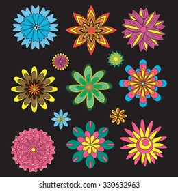 Collection of vector flowers on black background