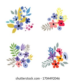 Sammlung von Vektorillustration-Blumen auf weißem Hintergrund. Kuschelige Vektorillustrationen. Einfaches Design. Frühlingsblüte. Naturgrafik.