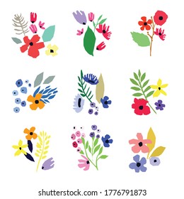 Sammlung von Vektorgrafiken auf weißem Hintergrund. Vektorbouquets. Einfaches Design. Frühlingsblüte.