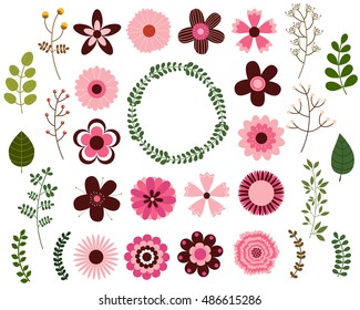 A collection of vector flowers in pink and brown and green leaves and branches for design, scrapbooking and invitations.