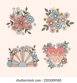 Collection vector flowers set in pastel color blue and pink. Cute heart and rainbow with flowers on isolated white background.